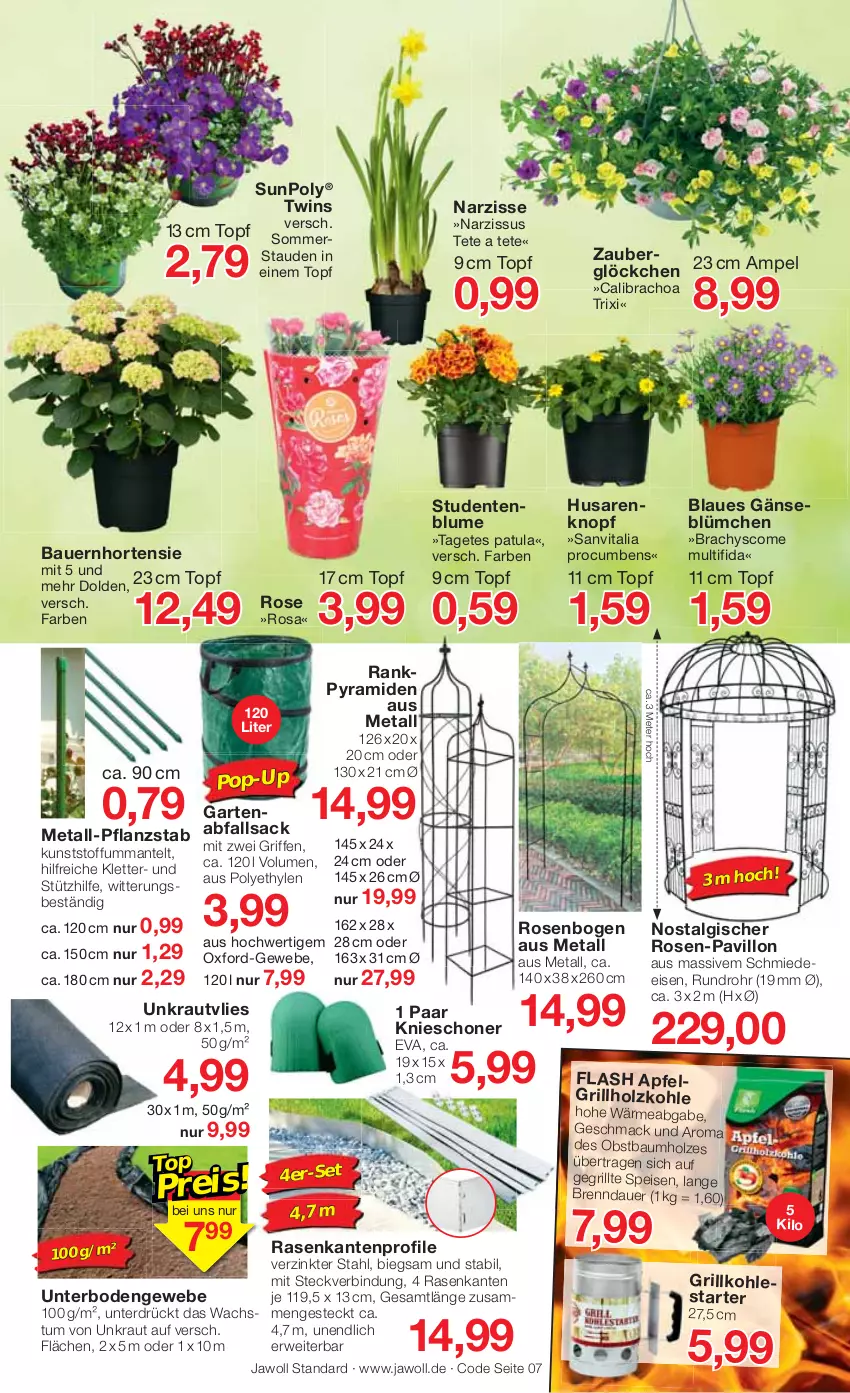 Aktueller Prospekt Jawoll - Prospekte - von 03.04 bis 09.04.2022 - strona 11 - produkty: apfel, auer, Bau, Bauer, blume, calibrachoa, eis, ente, Garten, grill, grillholzkohle, Grillkohle, Holz, holzkohle, hortensie, Kraut, LG, mac, Mantel, obst, pavillon, rasen, reis, rosen, rwe, sac, stauden, Ti, topf, vita, zauberglöckchen