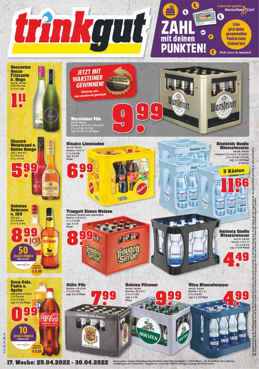 Aktueller Prospekt Trinkgut - von 25.04 bis 30.04.2022 - strona 1 - produkty: alkohol, Alwa, cola, ecco, elle, ente, fanta, flasche, frizzante, Germ, Hefe, holsten, holsten pilsener, hugo, limo, limonade, limonaden, mineralwasser, osborne, pils, pilsener, rheinfels quelle, rind, rouge, sim, sinalco, steiner, Ti, vescovino, veterano, vilsa, warsteiner, wasser, wein, weinbrand