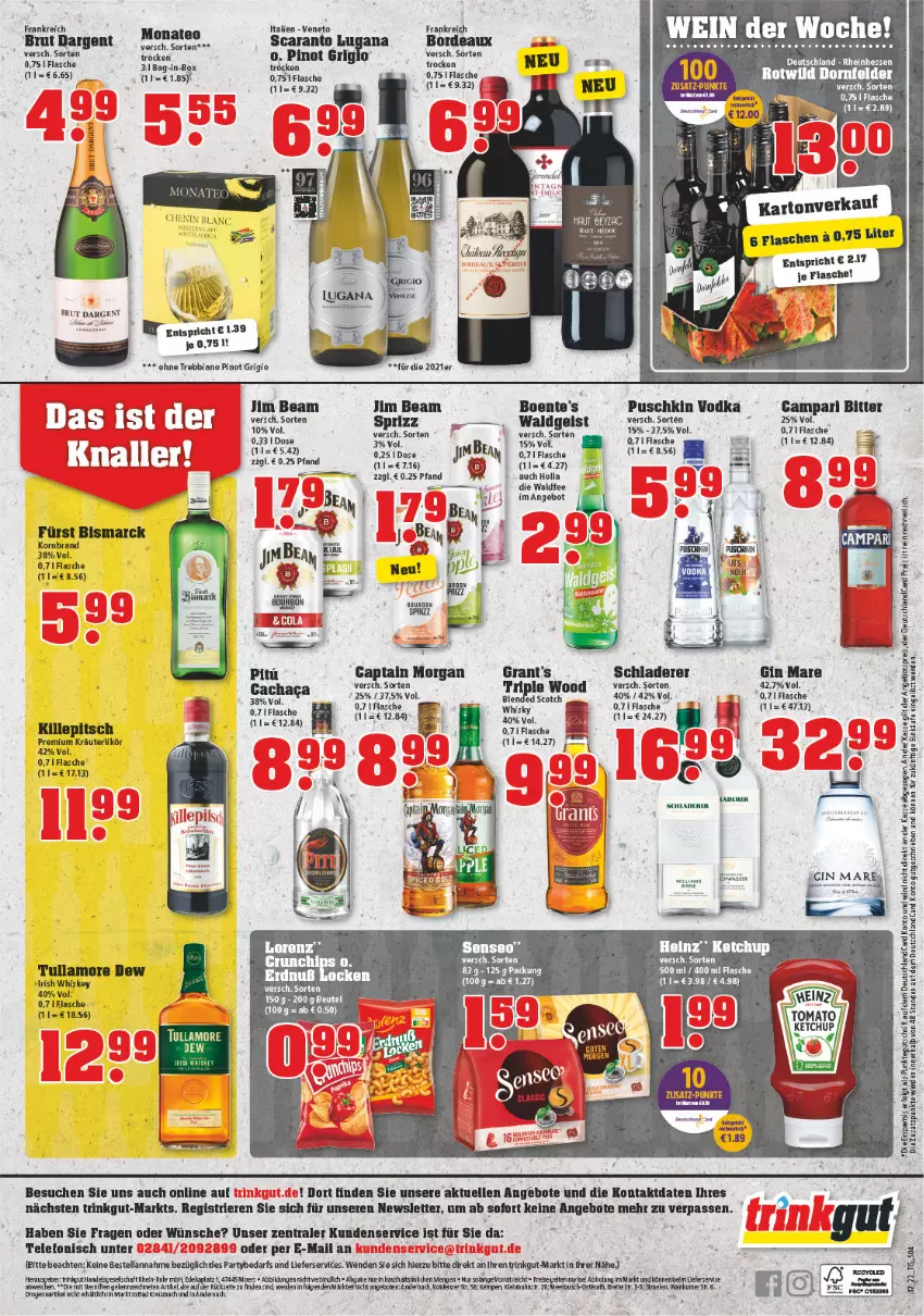 Aktueller Prospekt Trinkgut - von 25.04 bis 30.04.2022 - strona 4 - produkty: angebot, angebote, bag-in-box, Bau, beutel, bismarck, bourbon, brut, brut dargent, Cap, captain morgan, deutschlandcard, eis, elle, ente, erde, flasche, gin, gin mare, heinz, irish whiskey, jim beam, ketchup, Kette, korn, kräuter, kräuterlikör, lieferservice, likör, lorenz, Pinot, pinot grigio, puschkin vodka, Röcke, Schladerer, Sprizz, tee, telefon, Ti, tullamore, tullamore dew, vodka, whiskey, whisky