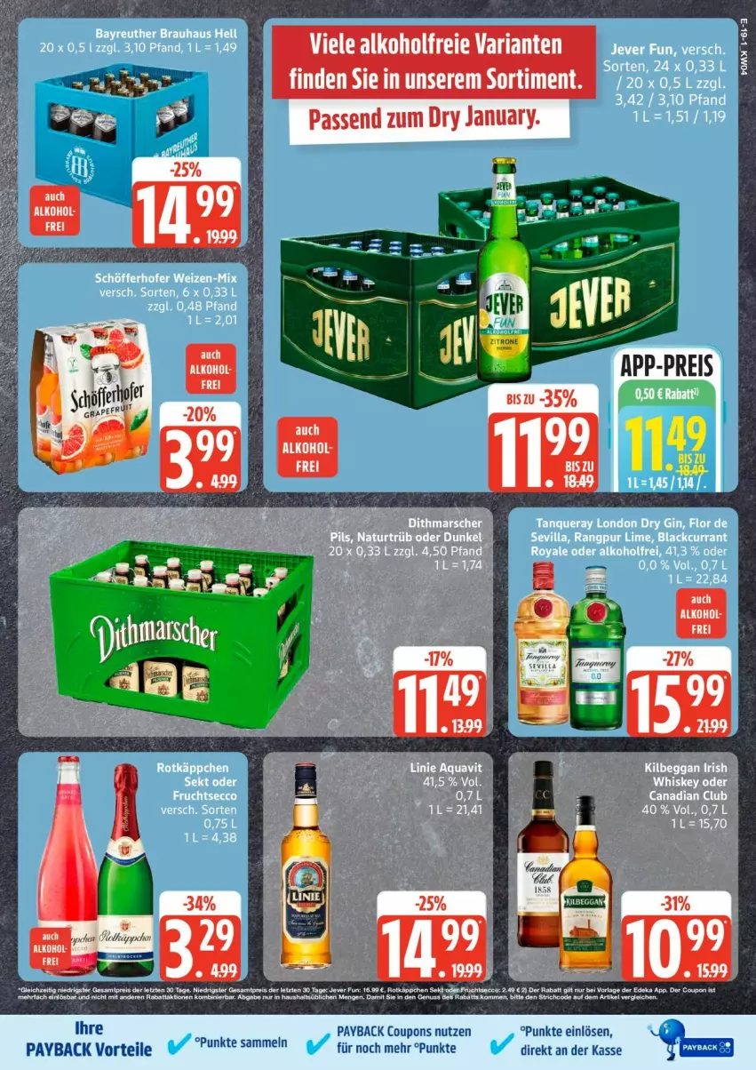 Aktueller Prospekt Edeka - Prospekte - von 19.01 bis 24.01.2026 - strona 23 - produkty: alkohol, coupon, coupons, Currant, dry gin, gin, kilbeggan, lack, london dry, london dry gin, Manner, payback, schöfferhofer, sekt, Tanqueray, tee, Ti, Tiere, whiskey