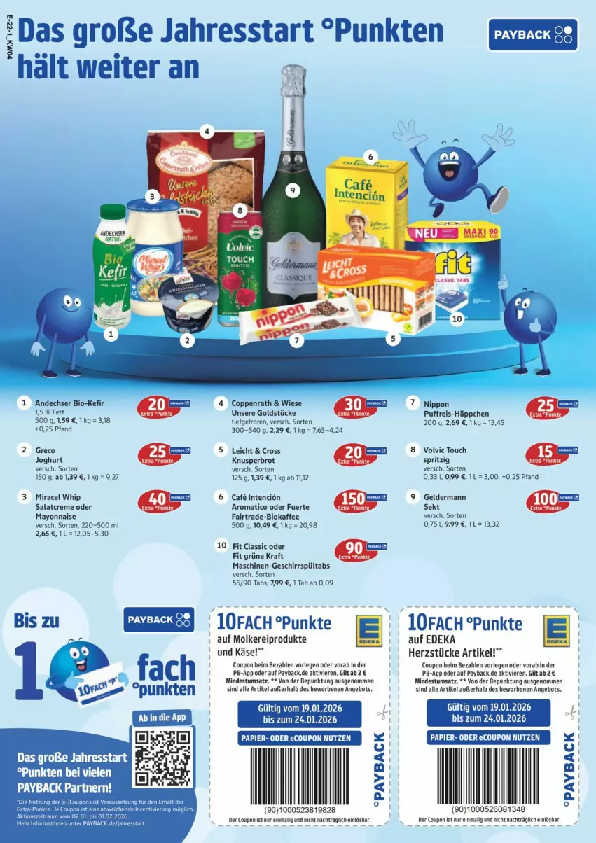Aktueller Prospekt Edeka - Prospekte - von 19.01 bis 24.01.2026 - strona 26 - produkty: angebot, bio, brot, coppenrath, coupon, creme, deka, eis, geldermann, geschirr, Goldstücke, joghur, joghurt, kaffee, Käse, Kefir, kraft, mayonnaise, miracel, miracel whip, molkereiprodukte, nippon, papier, payback, reis, salat, salatcreme, sekt, Ti, volvic, Yo