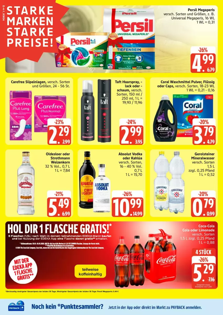 Aktueller Prospekt Edeka - Prospekte - von 19.01 bis 24.01.2026 - strona 4 - produkty: Absolut Vodka, Alwa, Cap, carefree, Coral, eis, gerolsteine, gerolsteiner, haarspray, korn, lack, megaperls, mineralwasser, oldesloer, payback, persil, slip, slipeinlagen, steiner, Taft, tesa, Ti, universal megaperls, vodka, waschmittel, wasser, weizenkorn, ZTE
