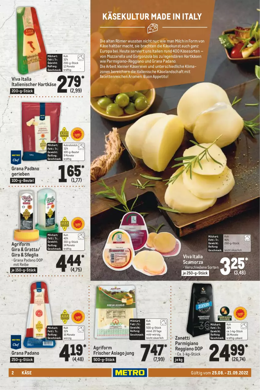 Aktueller Prospekt Metro - Käse Spezial - von 25.08 bis 21.09.2022 - strona 2 - produkty: beutel, Elan, gorgonzola, grana, grana padano, hartkäse, Heu, italienischer hartkäse, Käse, leine, mac, milch, mozzarella, padano, parmigiano, parmigiano reggiano, Rana, reggiano, rel, Scamorza, Ti, uhr