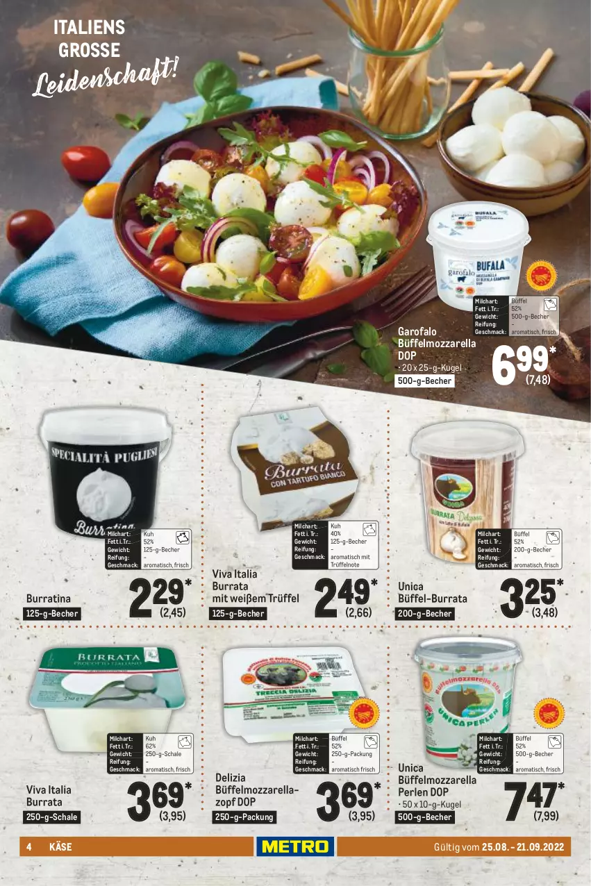 Aktueller Prospekt Metro - Käse Spezial - von 25.08 bis 21.09.2022 - strona 4 - produkty: Becher, Burrata, Käse, Kugel, mac, milch, mozzarella, perlen, rel, Schal, Schale, Ti, tisch, Trüffel