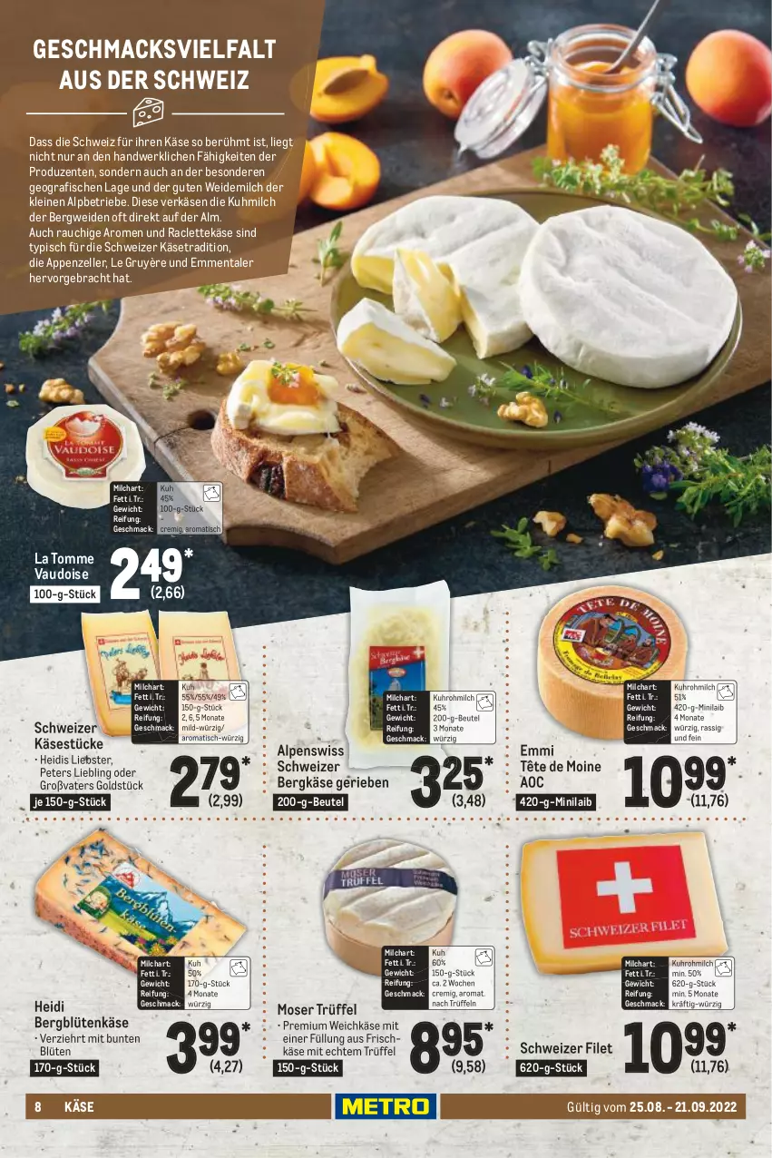 Aktueller Prospekt Metro - Käse Spezial - von 25.08 bis 21.09.2022 - strona 8 - produkty: appenzeller, Bergkäse, beutel, Blüte, elle, emmentaler, emmi, ente, filet, fisch, fische, frischkäse, Käse, leine, mac, milch, moser, Rauch, Tête de Moine, Ti, tisch, Trüffel, uhr, weichkäse, weidemilch