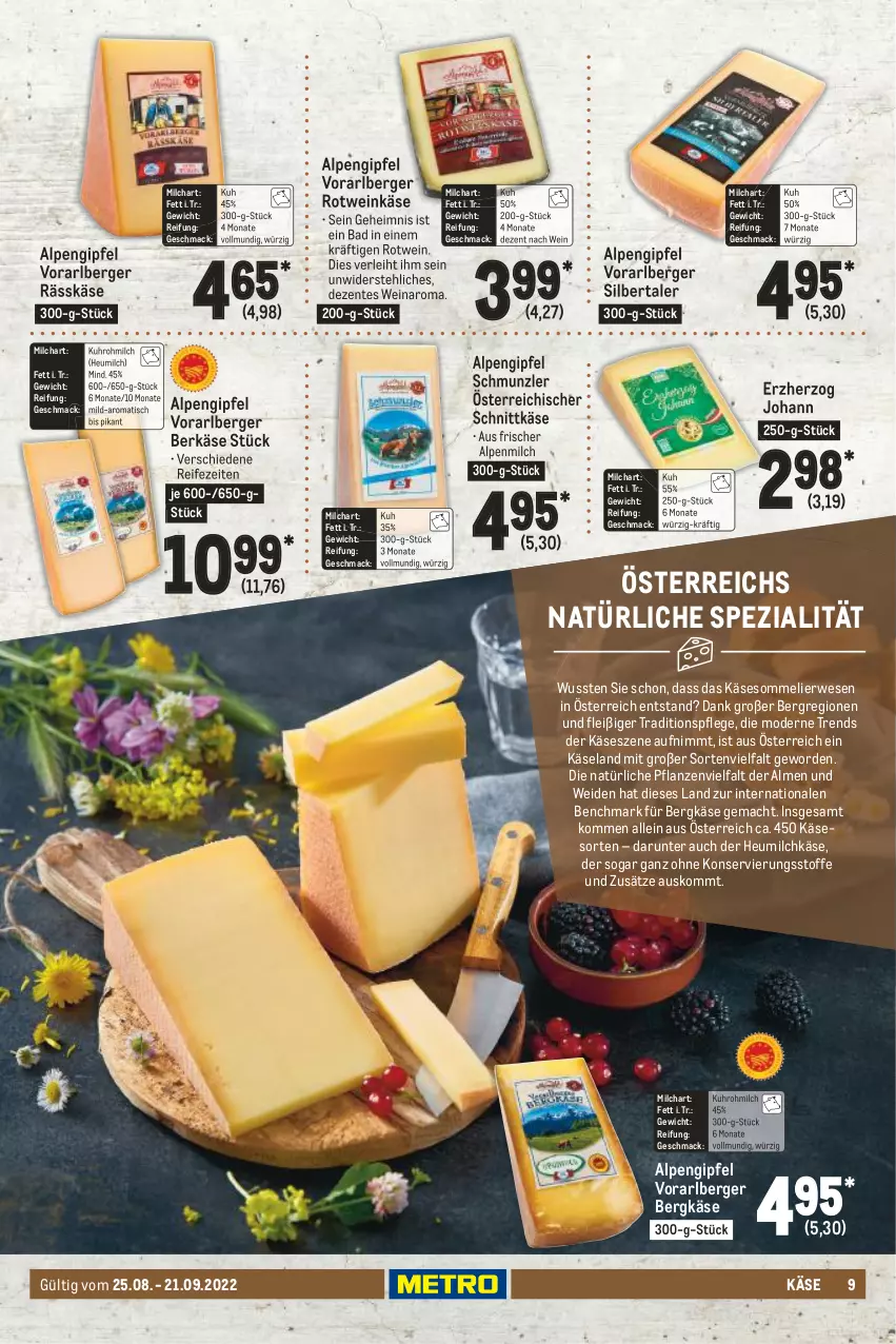 Aktueller Prospekt Metro - Käse Spezial - von 25.08 bis 21.09.2022 - strona 9 - produkty: alpenmilch, Bad, Berger, Bergkäse, Elan, ente, Heu, heumilch, Käse, mac, milch, Mode, österreichischer schnittkäse, pflanze, pflanzen, rotwein, rwe, schnittkäse, Spezi, Ti, tisch, uhr, wein, Weinkäse