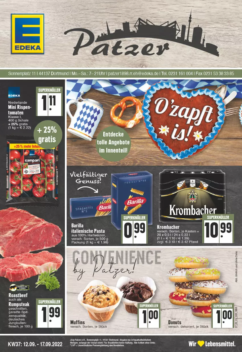 Aktueller Prospekt Edeka - Angebote der Woche - von 12.09 bis 17.09.2022 - strona 1 - produkty: barilla, beef, Donut, donuts, eier, eis, fleisch, hartweizen, italienische pasta, jungbullen, lebensmittel, Muffin, muffins, pasta, roastbeef, rum, rumpsteak, Schal, Schale, schnitten, steak, tee, Ti