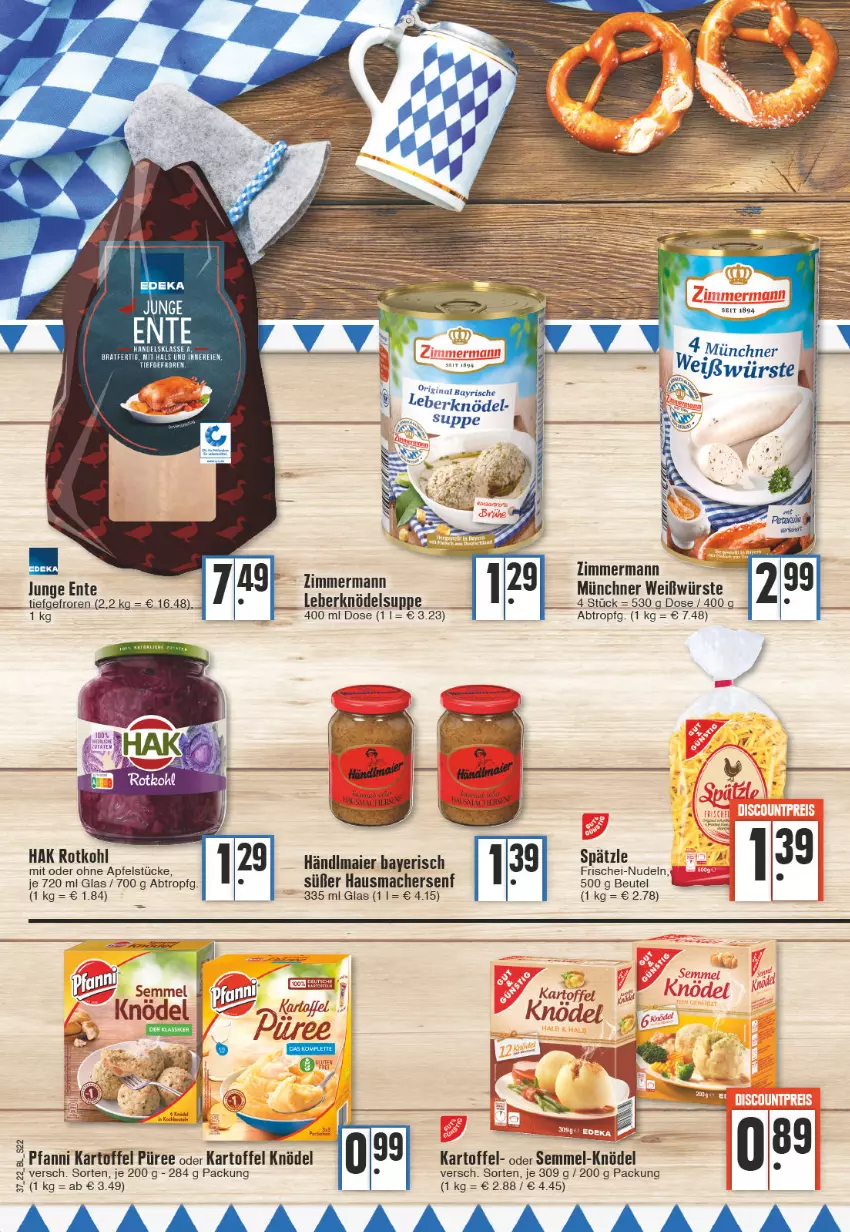 Aktueller Prospekt Edeka - Angebote der Woche - von 12.09 bis 17.09.2022 - strona 22 - produkty: apfel, ente, frischei-nudeln, gin, Hausmacher, kartoffel, Knödel, Leberknödel, mac, nudel, nudeln, püree, rotkohl, Semmel, senf, suppe, Ti