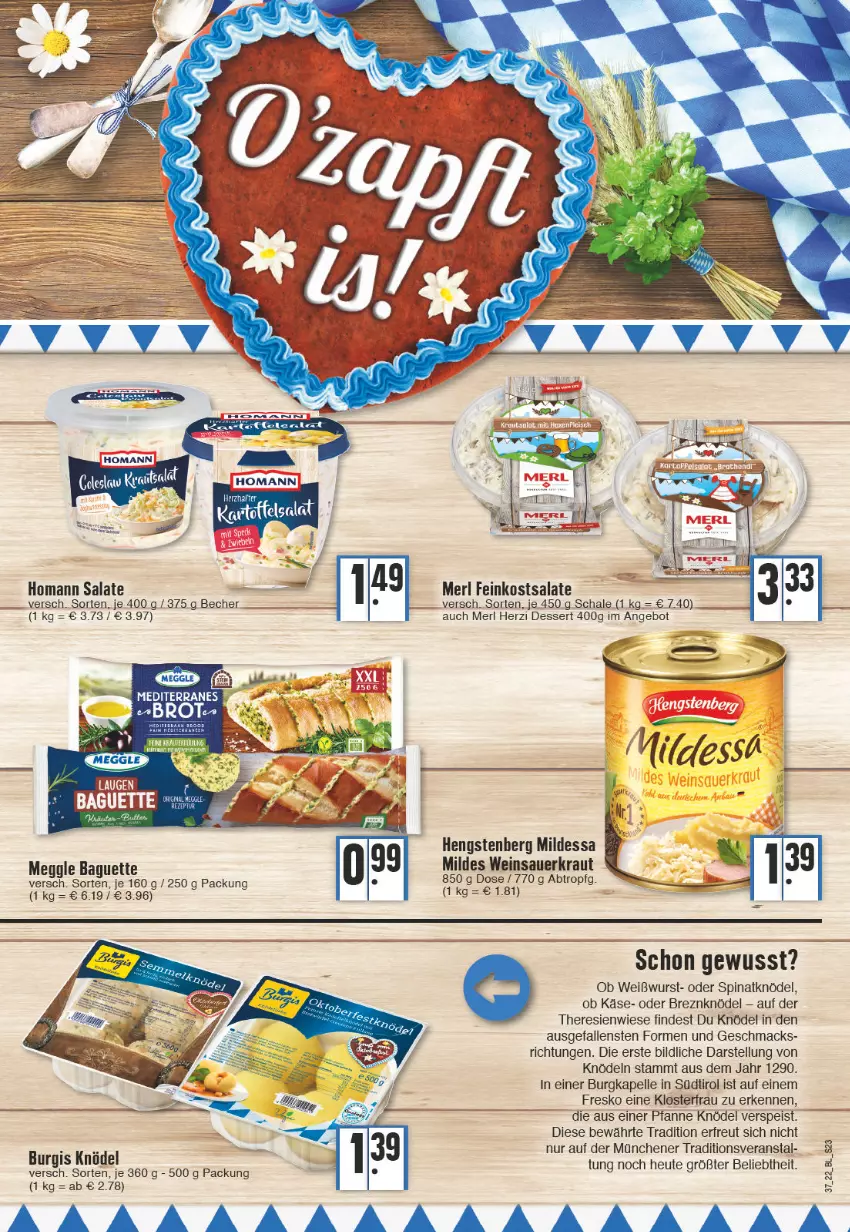 Aktueller Prospekt Edeka - Angebote der Woche - von 12.09 bis 17.09.2022 - strona 23 - produkty: angebot, auer, baguette, Becher, dessert, eis, elle, feinkost, feinkostsalate, hengstenberg, Heu, homann, Käse, Knödel, Kraut, mac, meggle, merl, pfanne, salat, salate, Sauerkraut, Schal, Schale, spinat, Ti, wein, Weinsauerkraut, Weißwurst, wurst