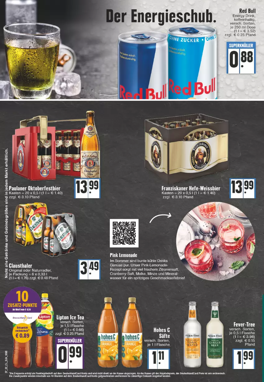 Aktueller Prospekt Edeka - Angebote der Woche - von 12.09 bis 17.09.2022 - strona 24 - produkty: aust, bier, clausthaler, cranberry, deutschlandcard, drink, drinks, eis, energy drink, fever-tree, franziskaner, getränk, getränke, gin, Hefe, Hohes C, lemonade, mac, minze, natur, nuss, orange, radler, red bull, rezept, saft, säfte, Ti, wasser, weissbier, zitrone, zitronen, zitronensaft