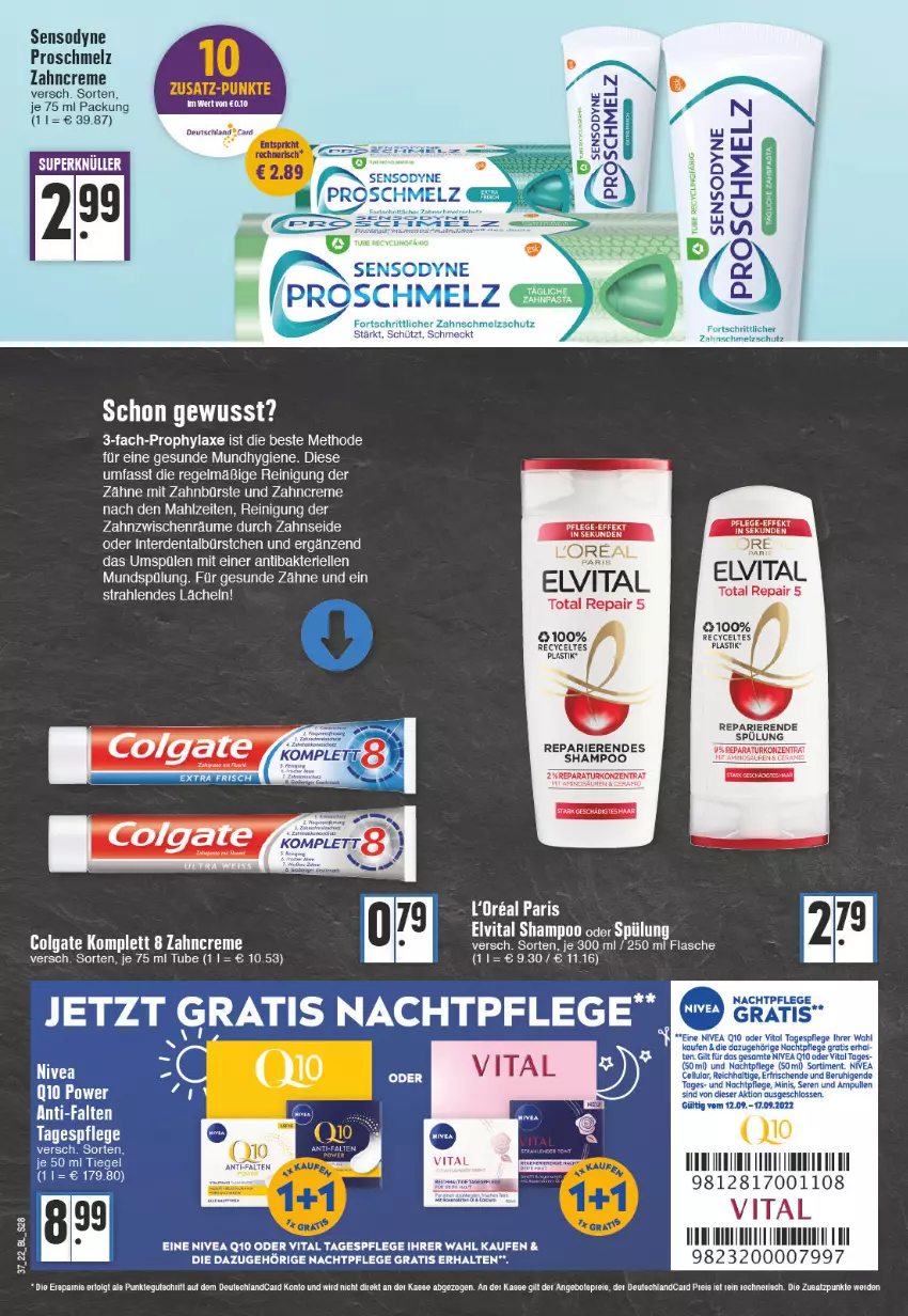 Aktueller Prospekt Edeka - Angebote der Woche - von 12.09 bis 17.09.2022 - strona 28 - produkty: angebot, asti, axe, bürste, colgate, creme, elle, elvital, erde, flasche, LG, loreal, Mundhygiene, mundspülung, Reinigung, sensodyne, shampoo, shampoo oder spülung, Spülen, spülung, tee, Ti, vita, zahnbürste, zahncreme, Zahnseide