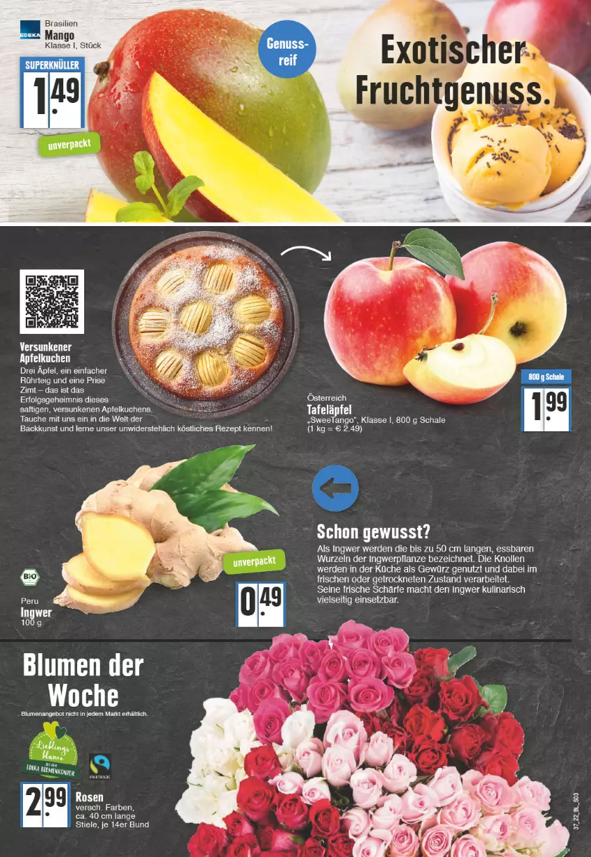 Aktueller Prospekt Edeka - Angebote der Woche - von 12.09 bis 17.09.2022 - strona 3 - produkty: angebot, apfel, Apfelkuchen, blume, blumen, eis, erde, gewürz, ingwer, küche, kuchen, LG, mac, mango, pflanze, rezept, rosen, saft, Schal, Schale, tafeläpfel, Ti