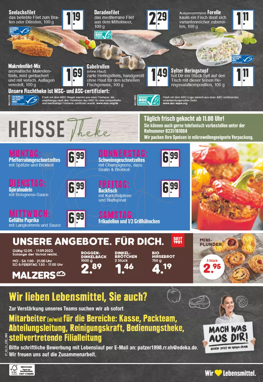 Aktueller Prospekt Edeka - Angebote der Woche - von 12.09 bis 17.09.2022 - strona 32 - produkty: Abtei, angebot, angebote, aqua, backfisch, bio, blattspinat, bolognese, brokkoli, brötchen, champignon, champignons, deka, dell, Dorade, eis, elle, filet, filets, fisch, fische, Fischer, fischtheke, frikadellen, geschnetzeltes, grill, grillhähnchen, hering, Herings, heringsfilets, kartoffel, Kartoffelpüree, korn, kraft, lachs, lachsfilet, Langkornreis, lebensmittel, LG, Makrele, nuss, paprika, pfeffer, püree, Reinigung, reis, rel, ring, salat, sauce, Schere, schwein, schweine, seelachsfilet, spinat, telefon, Ti, tisch, uhr, wein, weine, Zelt