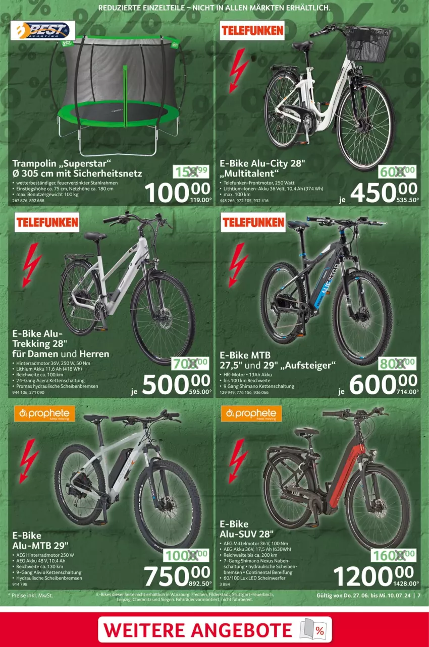 Aktueller Prospekt Selgros - Wir haben reduziert - von 27.06 bis 10.07.2024 - strona 7 - produkty: acer, aeg, akku, E-Bike, E-Bikes, Kette, nexus, promax, Schal, shimano, tee, Ti, Trampolin, Zelt