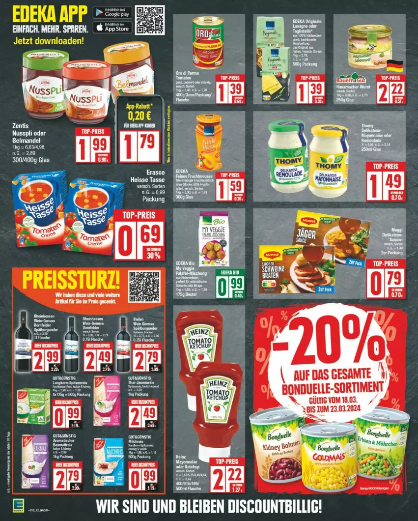 Aktueller Prospekt Edeka - Prospekte - von 18.03 bis 23.03.2024 - strona 12 - produkty: Belmandel, bonduelle, braten, deka, eis, elle, google play, kidney, mandel, nuss, nusspli, reis, schwein, schweine, tasse, Ti, top-preis, wein, weine