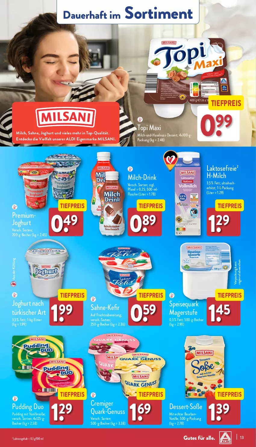 Aktueller Prospekt Aldi Nord - Von Montag - von 23.09 bis 28.09.2024 - strona 13 - produkty: aldi, auer, Becher, bourbon, bourbonvanille, decke, dessert, drink, eimer, eis, Eis Dessert, flasche, frucht, haselnuss, joghur, joghurt, joghurt nach, Kefir, milch, nuss, pudding, quark, reis, sahne, Soße, speisequark, Ti, tiefpreis, vanille