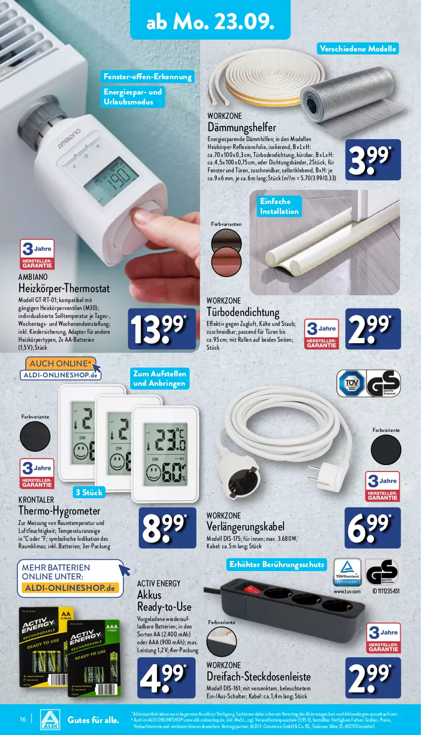 Aktueller Prospekt Aldi Nord - Von Montag - von 23.09 bis 28.09.2024 - strona 16 - produkty: adapter, akku, aldi, ambia, batterie, batterien, dell, eis, elle, fenster, Fenster und Türen, gin, Grom, Hygrometer, Kinder, Leuchte, Mode, ndk, reis, Ria, ring, Schal, Schale, steckdose, Steckdosenleiste, thermostat, Ti, ZTE