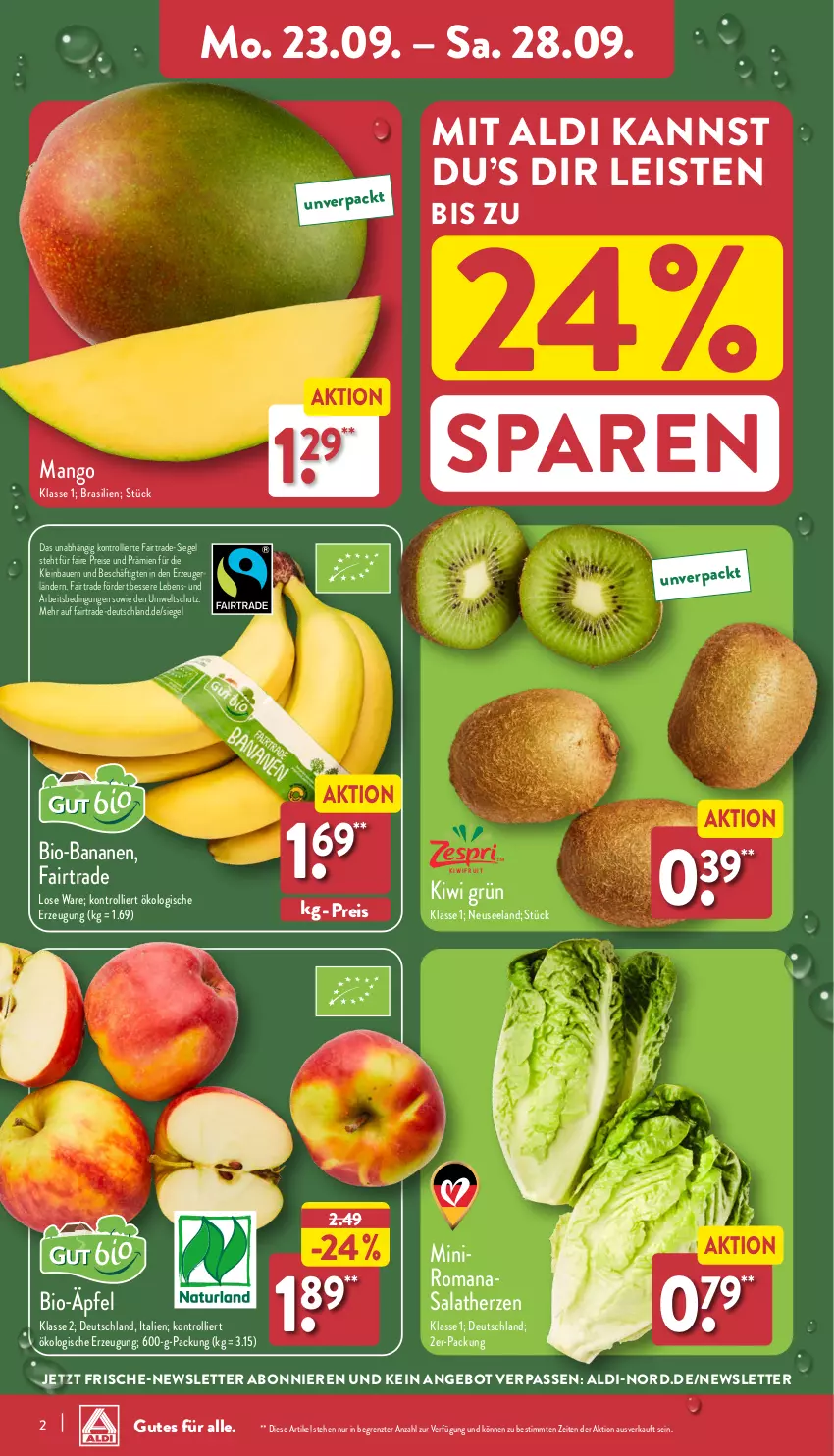 Aktueller Prospekt Aldi Nord - Von Montag - von 23.09 bis 28.09.2024 - strona 2 - produkty: aldi, angebot, auer, banane, bananen, Bau, Bauer, bio, eis, Elan, kiwi, mango, reis, salat, salatherzen, Ti, trolli, ZTE