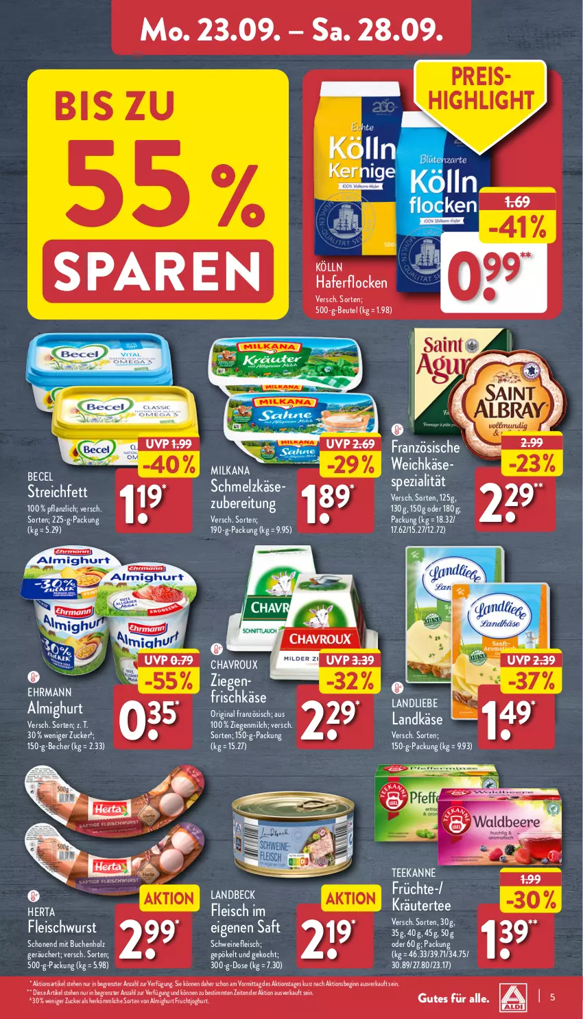 Aktueller Prospekt Aldi Nord - Von Montag - von 23.09 bis 28.09.2024 - strona 5 - produkty: almighur, almighurt, becel, Becher, beutel, buch, chavroux, ehrmann, ehrmann almighurt, eis, fleisch, fleischwurst, frischkäse, frucht, früchte, fruchtjoghurt, gin, hafer, haferflocken, herta, Holz, joghur, joghurt, Käse, kölln, kräuter, landkäse, landliebe, milch, milka, milkana, ndk, reis, saft, Schmelzkäse, schwein, schweine, schweinefleisch, Spezi, tee, teekanne, Ti, weichkäse, wein, weine, wurst, ZTE, zucker