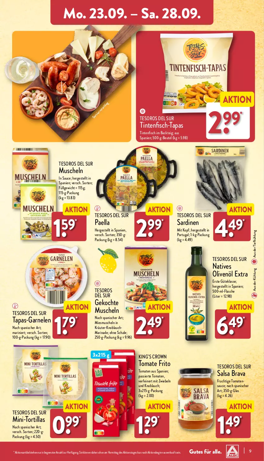 Aktueller Prospekt Aldi Nord - Von Montag - von 23.09 bis 28.09.2024 - strona 9 - produkty: aus der tiefkühlung, beutel, fisch, flasche, frucht, garnelen, gin, knoblauch, kräuter, LG, marinade, mit zwiebeln, Muscheln, natives olivenöl, olive, oliven, olivenöl, olivenöl extra, paella, Salsa, Sardinen, sauce, Schal, Schale, Tapas, Ti, tomate, tomaten, tortilla, tortillas, ZTE, zwiebel, zwiebeln