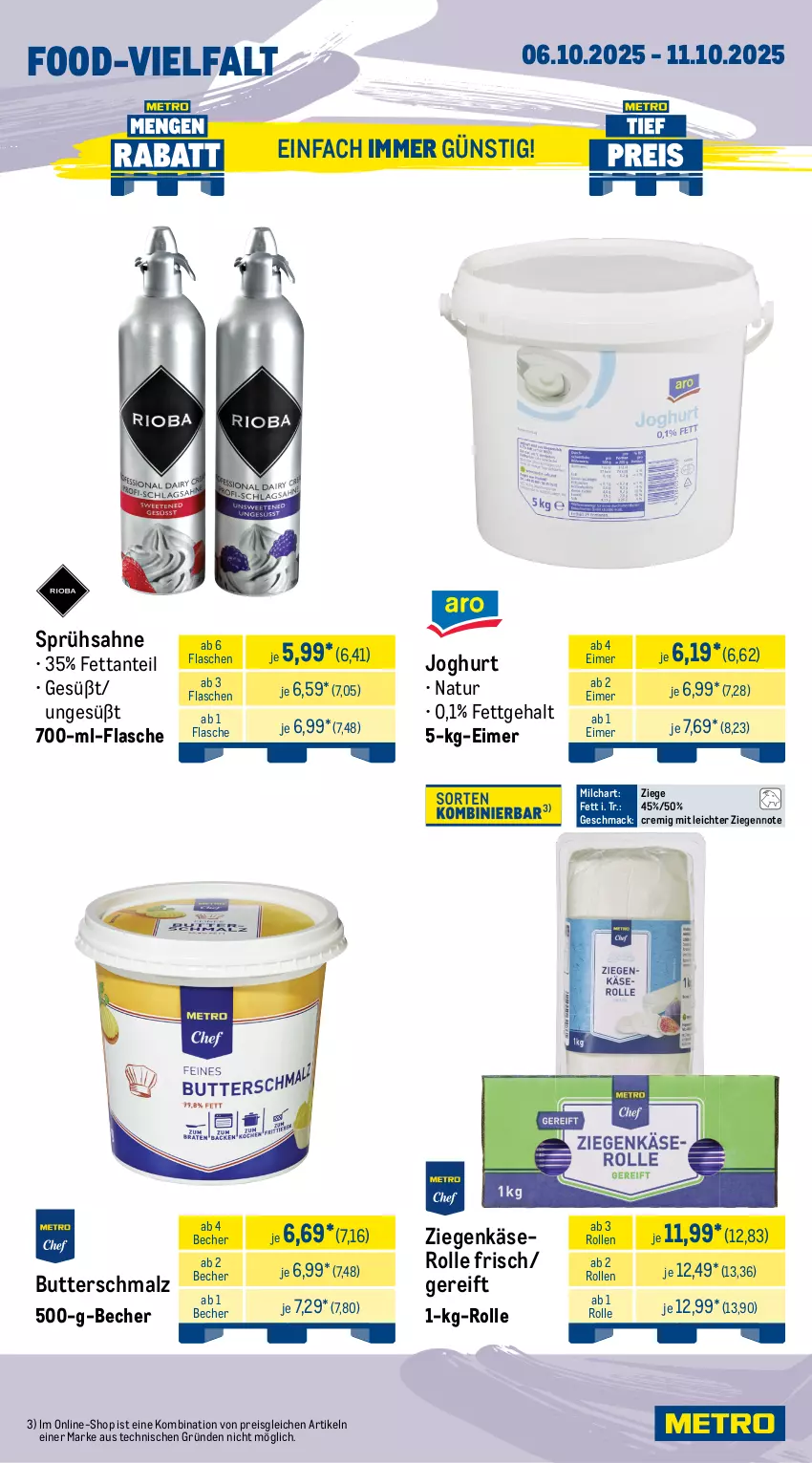 Aktueller Prospekt Metro - Wochen-Angebote Gastro - von 06.10 bis 11.10.2025 - strona 10 - produkty: angebot, bacon, Becher, butter, Butterschmalz, edamer, eimer, eis, flasche, gouda, grünländer, joghur, joghurt, Käse, käsescheiben, mac, malz, milch, milram, natur, nuss, reis, sahne, salsiccia, Schmalz, schnitten, schnittkäse, schnittkäsescheiben, Ti, ziegenkäse