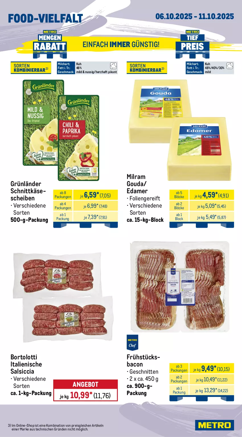 Aktueller Prospekt Metro - Wochen-Angebote Gastro - von 06.10 bis 11.10.2025 - strona 11 - produkty: angebot, bacon, Becher, butter, Butterschmalz, edamer, eimer, eis, flasche, gouda, grünländer, joghur, joghurt, Käse, käsescheiben, mac, malz, milch, milram, natur, nuss, reis, sahne, salsiccia, Schmalz, schnitten, schnittkäse, schnittkäsescheiben, Ti, ziegenkäse