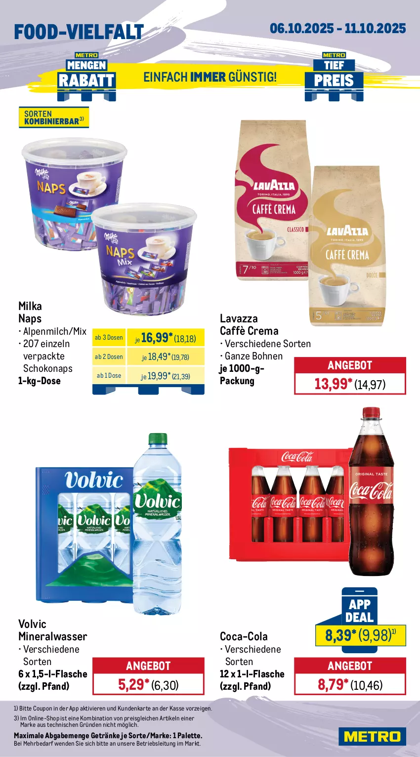 Aktueller Prospekt Metro - Wochen-Angebote Gastro - von 06.10 bis 11.10.2025 - strona 14 - produkty: alpenmilch, Alwa, angebot, bohne, bohnen, bourbon, bourbon whiskey, brut, caffè crema, champagne, coca-cola, cola, coupon, dry gin, eis, flasche, früchte, früchten, getränk, getränke, gin, gordon, Gordon’s, jim beam, lavazza, london dry, london dry gin, milch, milka, mineralwasser, Palette, reis, Ria, Schal, Schale, schoko, Ti, volvic, wasser, whiskey, zitrone