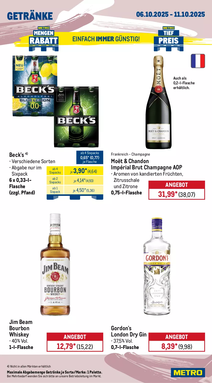 Aktueller Prospekt Metro - Wochen-Angebote Gastro - von 06.10 bis 11.10.2025 - strona 15 - produkty: alpenmilch, Alwa, angebot, bohne, bohnen, bourbon, bourbon whiskey, brut, caffè crema, champagne, coca-cola, cola, coupon, dry gin, eis, flasche, früchte, früchten, getränk, getränke, gin, gordon, Gordon’s, jim beam, lavazza, london dry, london dry gin, milch, milka, mineralwasser, Palette, reis, Ria, Schal, Schale, schoko, Ti, volvic, wasser, whiskey, zitrone