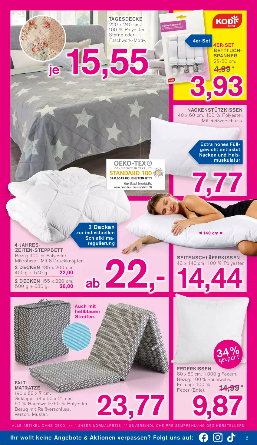 Aktueller Prospekt Kodi - Prospekte - von 24.09 bis 29.09.2022 - strona 3 - produkty: angebot, angebote, Bau, baumwolle, bett, Betttuch, decke, eis, elle, ente, Faltmatratze, Federkissen, kissen, LG, matratze, mikrofaser, nackenstützkissen, reifen, reis, steppbett, tagesdecke, teller, Ti, tuc, wolle