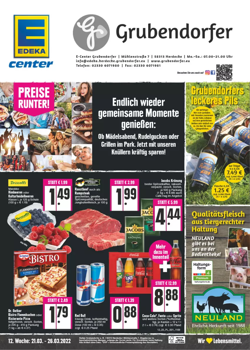 Aktueller Prospekt E Center - Angebote der Woche - von 21.03 bis 26.03.2022 - strona 1 - produkty: angebot, beef, beere, beeren, coca-cola, cola, decke, deka, eis, ente, erde, fanta, fanta oder, fanta oder sprite, flammkuchen, fleisch, heidelbeere, heidelbeeren, himbeer, himbeere, himbeeren, jungbullen, kaffee, kuchen, lamm, lebensmittel, LG, oder sprite, red bull, reis, rum, rumpsteak, Schal, Schale, schnitten, spitzenqualität, sprite, steak, telefon, Ti, uhr