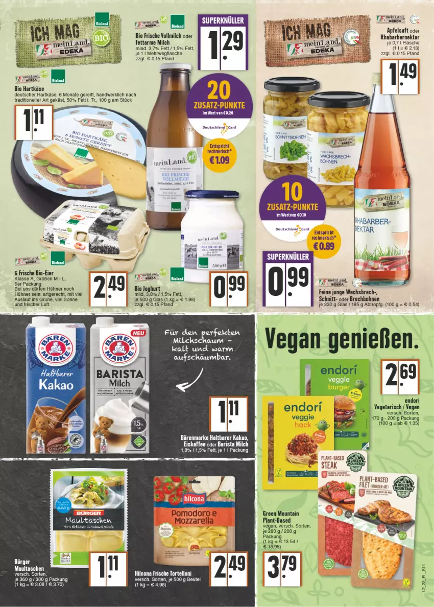 Aktueller Prospekt E Center - Angebote der Woche - von 21.03 bis 26.03.2022 - strona 11 - produkty: apfel, apfelsaft, bärenmarke, beutel, bio, bohne, bohnen, deka, deutschland card, eier, eis, eiskaffee, elle, filet, flasche, hartkäse, hühner, joghur, joghurt, joghurt mild, kaffee, kakao, Käse, maultaschen, milch, mozzarella, Nektar, rel, rhabarber, rwe, saft, Tasche, taschen, tee, Ti, torte, Vegeta, vollmilch