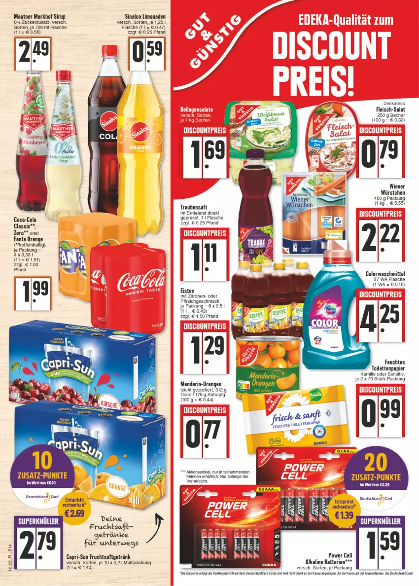 Aktueller Prospekt E Center - Angebote der Woche - von 21.03 bis 26.03.2022 - strona 14 - produkty: angebot, angebotspreis, batterie, batterien, Bau, Becher, Blüte, Cap, capri-sun, coca-cola, cola, colorwaschmittel, deka, deutschland card, deutschlandcard, eis, eistee, Elan, fanta, feuchtes toilettenpapier, flasche, fleisch, frucht, fruchtsaft, fruchtsaftgetränk, getränk, getränke, gurke, gurken, holunder, holunderblüte, Kamill, kamille, LG, limo, limonade, limonaden, mac, mandarin-orangen, Mautner, orange, orangen, papier, pfirsich, reis, rwe, saft, salat, sinalco, sirup, tee, Ti, toilettenpapier, trauben, Traubensaft, waschmittel, wiener, wiener würstchen, würstchen, zitrone, zitronen, zucker