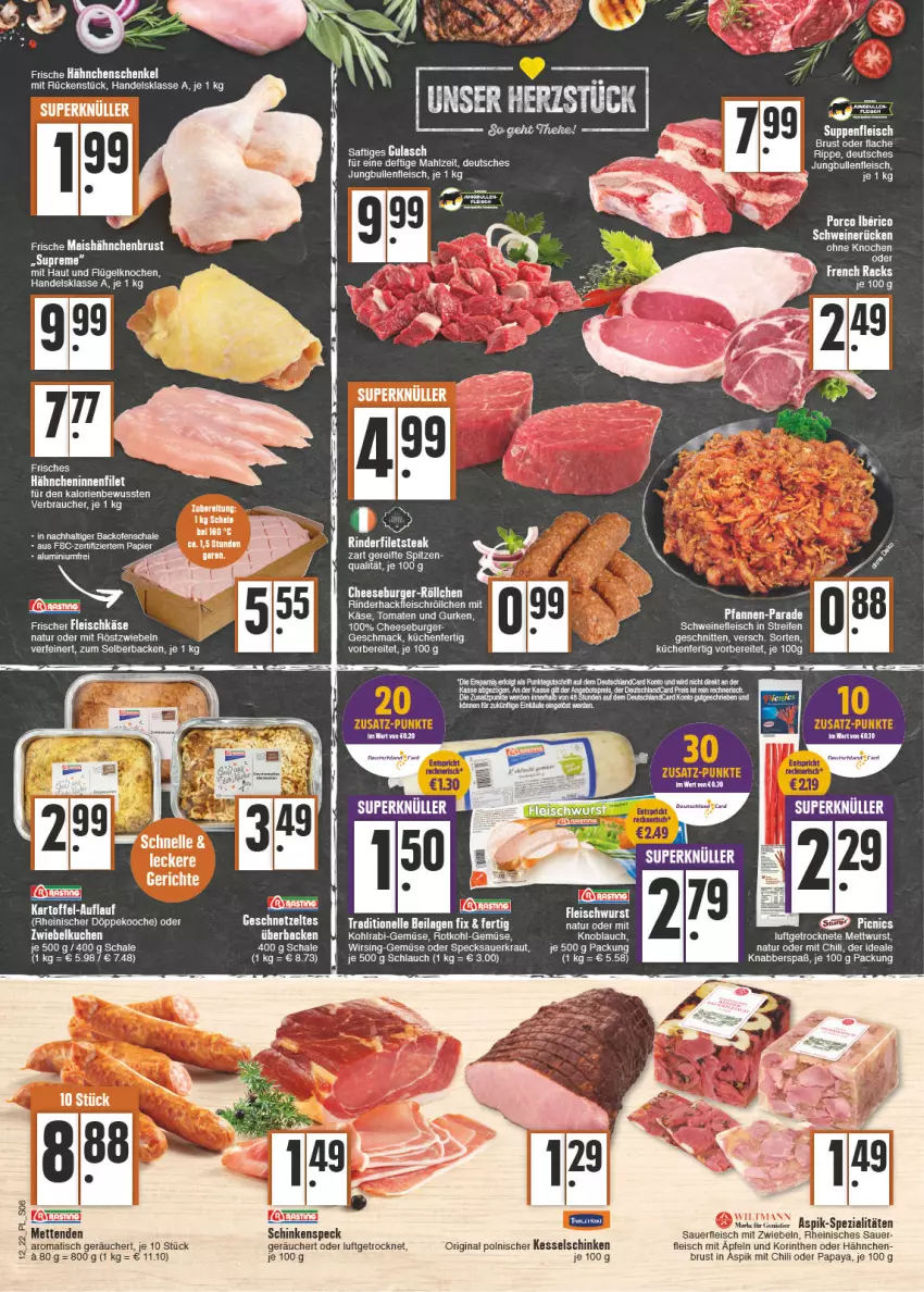 Aktueller Prospekt E Center - Angebote der Woche - von 21.03 bis 26.03.2022 - strona 6 - produkty: auer, backofen, Bebe, burger, chili, deutschlandcard, eier, eis, elle, erde, filet, filets, fleisch, fleischkäse, fleischwurst, Frische Hähnchen, geschnetzeltes, gin, gurke, gurken, hackfleisch, hähnchenschenkel, henkel, ilag, jungbullen, Käse, knoblauch, kohlrabi, Kraut, küche, Küchen, kuchen, mac, Mett, metten, Mettenden, mettwurst, mit röstzwiebeln, mit zwiebeln, natur, Ofen, Papaya, Rauch, reis, rind, rinder, rinderfilet, rinderhackfleisch, röstzwiebeln, rotkohl, Sauerkraut, Schal, Schale, schenkel, schinken, schinkenspeck, schlauch, schnitten, Speck, Spezi, steak, suppe, suppen, suppenfleisch, Ti, tisch, tomate, tomaten, Wirsing, wurst, Zelt, zwiebel, zwiebeln