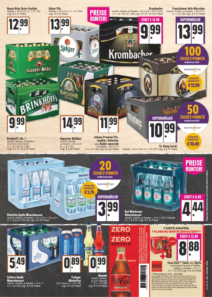 Aktueller Prospekt E Center - Angebote der Woche - von 21.03 bis 26.03.2022 - strona 9 - produkty: alkohol, Alwa, Bad, Berger, bier, bio, bionade, coca-cola, cola, eier, eis, elle, fanta, fanta oder, fanta oder sprite, flasche, franziskaner, getränk, getränke, gin, Hefe, kellerbier, krombache, krombacher, Lübzer, mineralwasser, natur, oder radler, oder sprite, pet-flasche, pils, premium pils, radler, rheinfels quelle, rwe, sprite, Ti, wasser, weissbier, WICK