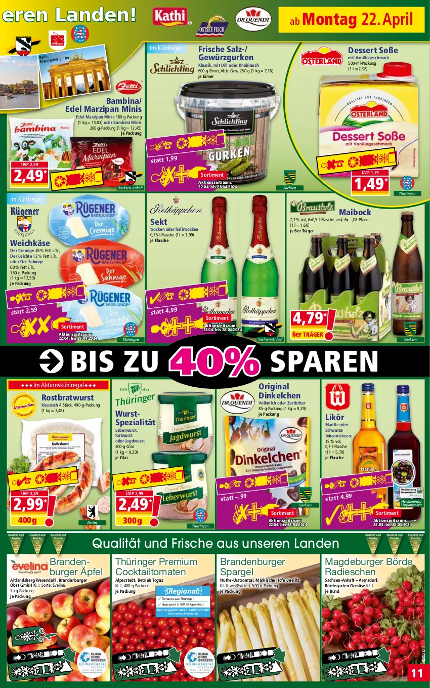 Aktueller Prospekt Norma - Norma - von 22.04 bis 29.04.2024 - strona 11 - produkty: beere, Brandenburger äpfel, bratwurst, burger, cocktail, dessert, eimer, eis, flasche, Garten, gewürz, Gewürzgurke, gewürzgurken, gin, gurke, gurken, jagdwurst, johannisbeere, Käse, kühlregal, leberwurst, likör, mac, marzipan, milch, obst, pril, radieschen, regal, reis, ring, rostbratwurst, Rotwurst, sac, salz, sekt, Soße, spargel, Spezi, Ti, tiefpreis, tomate, tomaten, vanille, vollmilch, weichkäse, wurst