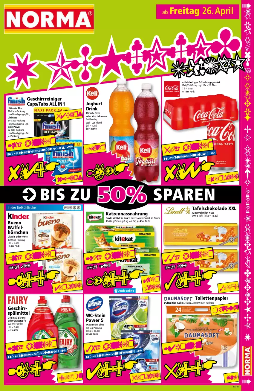 Aktueller Prospekt Norma - Norma - von 22.04 bis 29.04.2024 - strona 17 - produkty: apfel, banane, Cap, drink, erfrischungsgetränk, flasche, geschirr, geschirrspülmittel, getränk, gin, grana, granatapfel, hörnchen, joghur, joghurt, kirsch, kokos, milch, Nassnahrung, nuss, papier, pfirsich, pril, Rana, reiniger, sauce, schoko, schokolade, spülmittel, tafelschokolade, Ti, toilettenpapier, vollmilch, Waffelhörnchen, zitrone