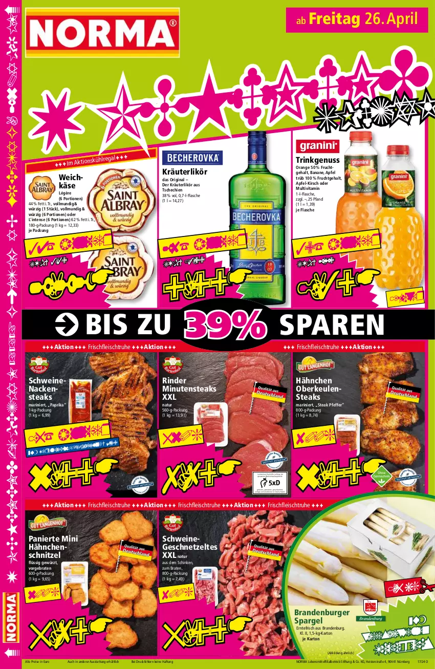 Aktueller Prospekt Norma - Norma - von 22.04 bis 29.04.2024 - strona 18 - produkty: apfel, banane, braten, burger, eis, flasche, fleisch, frucht, geschnetzeltes, gewürz, gin, Hähnchenschnitzel, Käse, kirsch, kräuter, kräuterlikör, lebensmittel, likör, minutensteaks, Nackensteak, nackensteaks, natur, nuss, orange, paprika, pfeffer, pril, reis, rind, rinder, schinken, schnitzel, schwein, schweine, schweinenacken, spargel, steak, steaks, Ti, tiefpreis, vita, weichkäse, wein, weine, Zelt