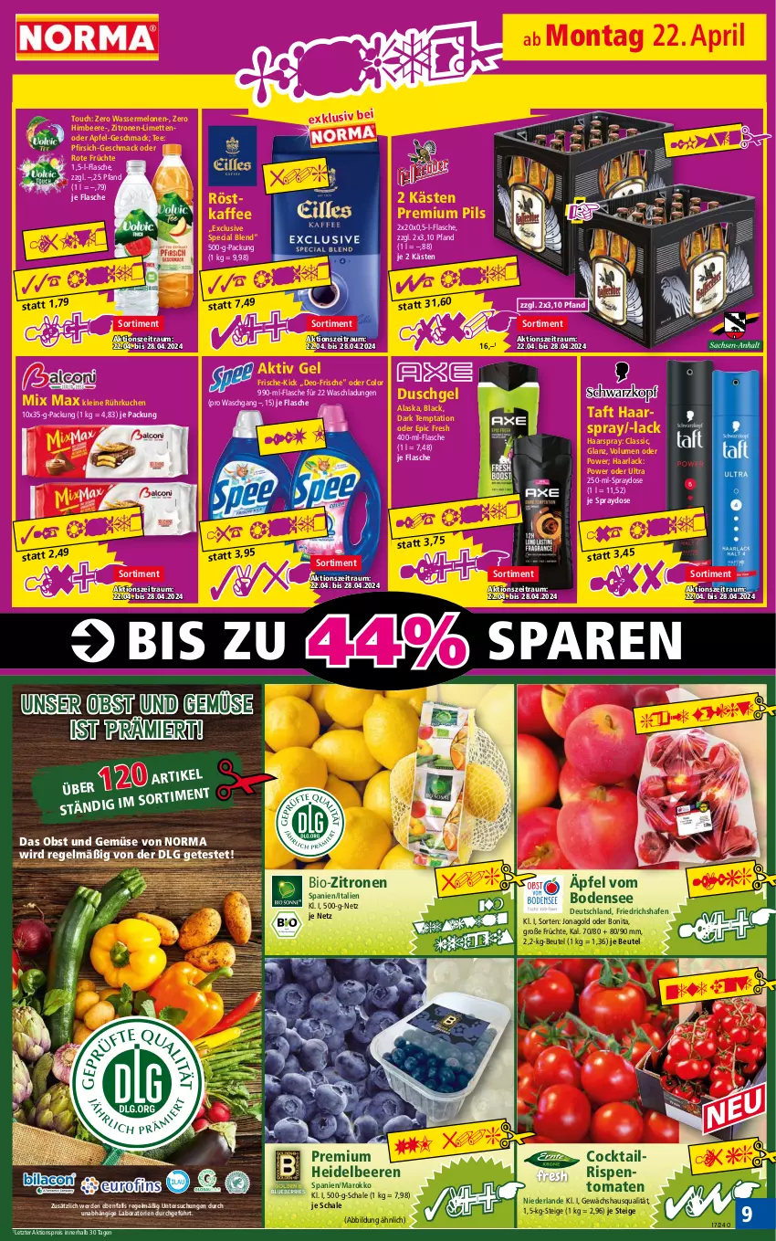 Aktueller Prospekt Norma - Norma - von 22.04 bis 29.04.2024 - strona 9 - produkty: aktionspreis, aktiv gel, apfel, arla, beere, beeren, beutel, bio, bio-zitronen, bonita, cocktail, deo, duschgel, eis, erde, flasche, früchte, Gewächshaus, Haarlack, haarspray, heidelbeere, heidelbeeren, himbeer, himbeere, kaffee, kuchen, lack, leine, LG, limette, limetten, mac, melone, melonen, Mett, metten, obst, Obst und Gemüse, pfirsich, pils, premium pils, pril, reis, rispentomaten, röstkaffee, Schal, Schale, Taft, tee, Ti, tiefpreis, tomate, tomaten, und gemüse, wasser, wassermelone, wassermelonen, zitrone, zitronen, ZTE