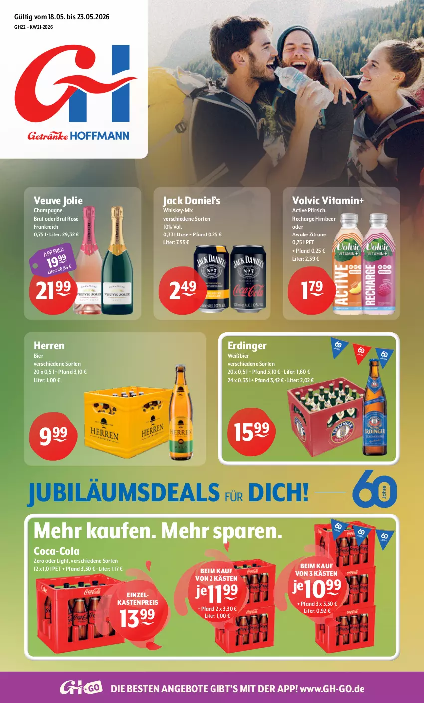 Aktueller Prospekt Getraenke Hoffmann - Prospekte - von 18.05 bis 23.05.2026 - strona 1 - produkty: angebot, angebote, bier, brut, champagne, coca-cola, cola, eis, erdinger, himbeer, jack daniel, Jack Daniel’s, Jubiläums, pfirsich, reis, Ti, vita, volvic, whiskey, zitrone