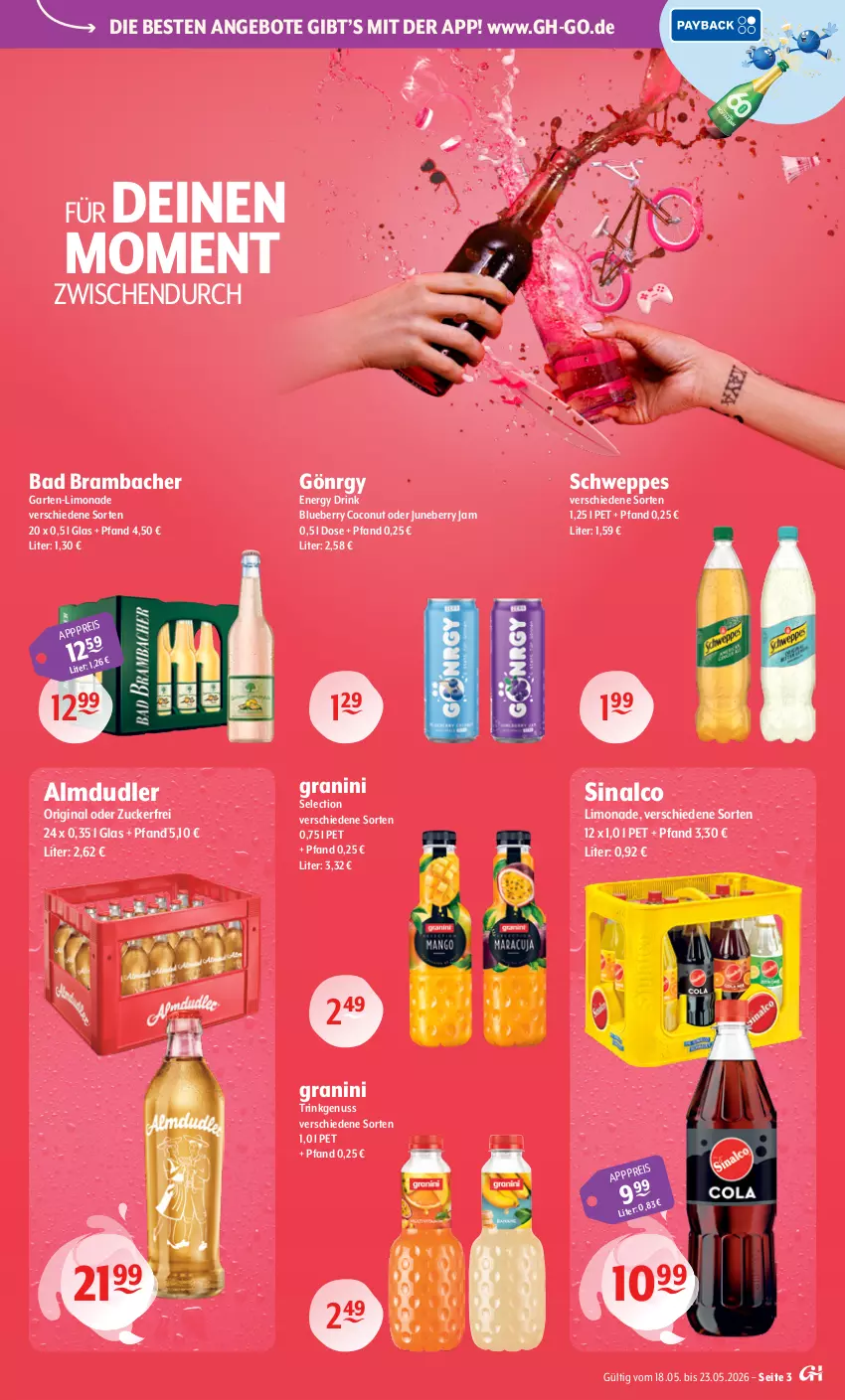 Aktueller Prospekt Getraenke Hoffmann - Prospekte - von 18.05 bis 23.05.2026 - strona 3 - produkty: almdudler, angebot, angebote, Bad, blueberry, coconut, drink, eis, energy drink, Garten, gin, granini, limo, limonade, nuss, schweppes, sinalco, Ti, zucker