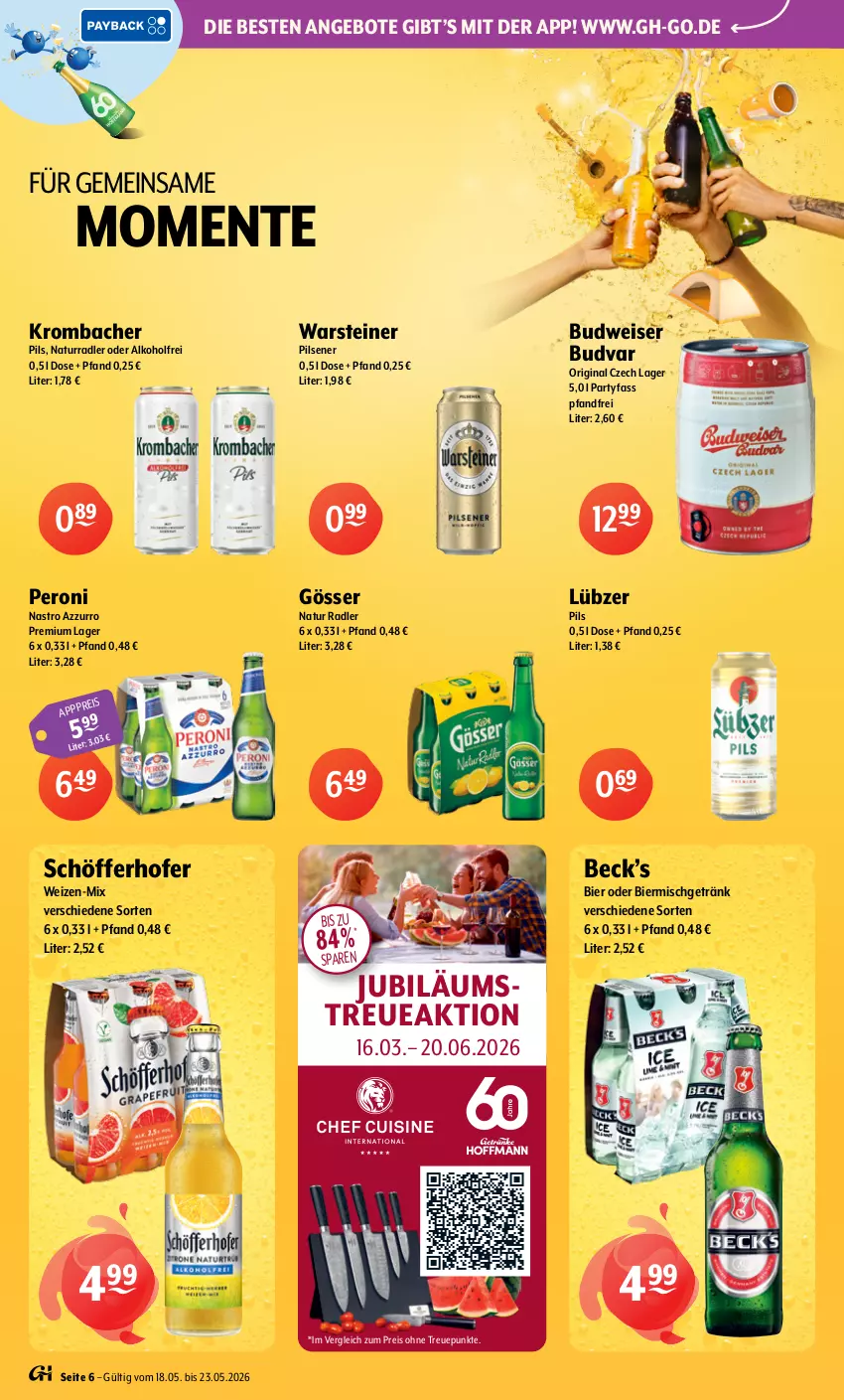 Aktueller Prospekt Getraenke Hoffmann - Prospekte - von 18.05 bis 23.05.2026 - strona 6 - produkty: alkohol, angebot, angebote, bier, budweiser, eis, ente, getränk, gin, gösser, Jubiläums, krombache, krombacher, krombacher pils, Lübzer, natur, natur radler, Peroni, pils, pilsener, radler, reis, schöfferhofer, steiner, Ti, warsteiner