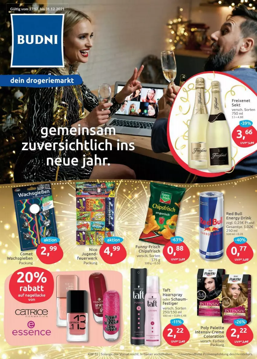 Aktueller Prospekt Budni - Prospekte - von 27.12 bis 31.12.2021 - strona 1 - produkty: chips, chipsfrisch, creme, drink, eis, elle, energy drink, freixenet, funny-frisch, haarspray, Palette, red bull, reis, rwe, Taft, teller, Ti