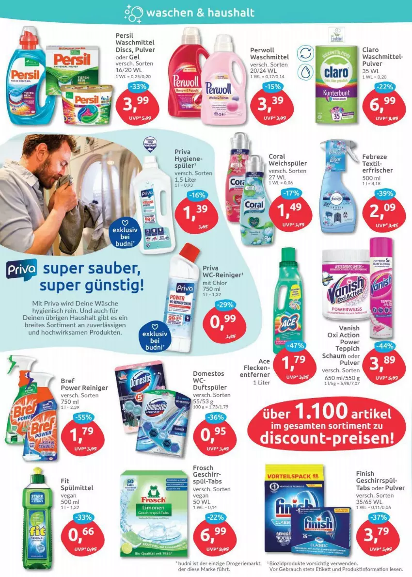 Aktueller Prospekt Budni - Prospekte - von 27.12 bis 31.12.2021 - strona 8 - produkty: bio, biozidprodukte, Bref, Brei, Coral, discount, domestos, eis, febreze, Finish, Frosch, geschirr, persil, persil waschmittel, perwoll, Rauch, reiniger, reis, rwe, spülmittel, teppich, Ti, waschmittel, weichspüler