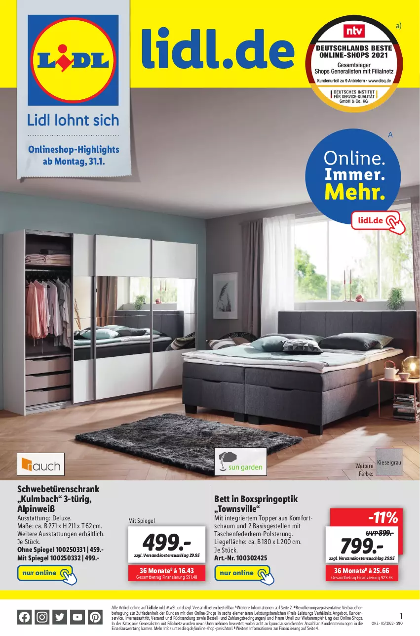 Aktueller Prospekt Lidl - Aktuelle Onlineshop-Highlights - von 22.01 bis 05.02.2022 - strona 1 - produkty: angebot, bett, eis, elle, federkern, LG, Liege, ndk, Rauch, reis, ring, Schrank, schwebetürenschrank, spiegel, Tasche, taschen, Ti, topper, türenschrank