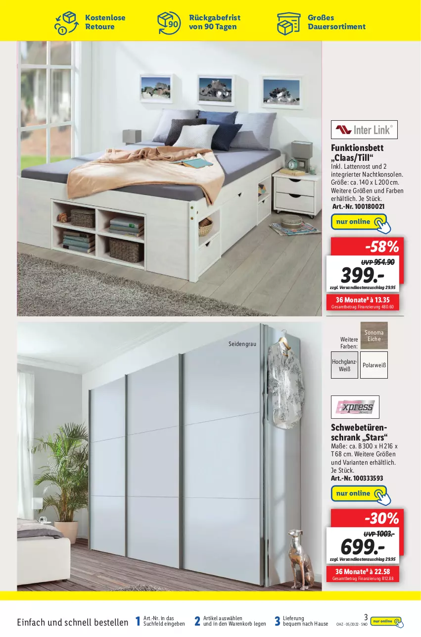 Aktueller Prospekt Lidl - Aktuelle Onlineshop-Highlights - von 22.01 bis 05.02.2022 - strona 3 - produkty: auer, bett, elle, hochglanz, korb, latte, lattenrost, nachtkonsole, nachtkonsolen, ndk, Ria, rwe, Schrank, schwebetürenschrank, sonoma eiche, Ti, türenschrank