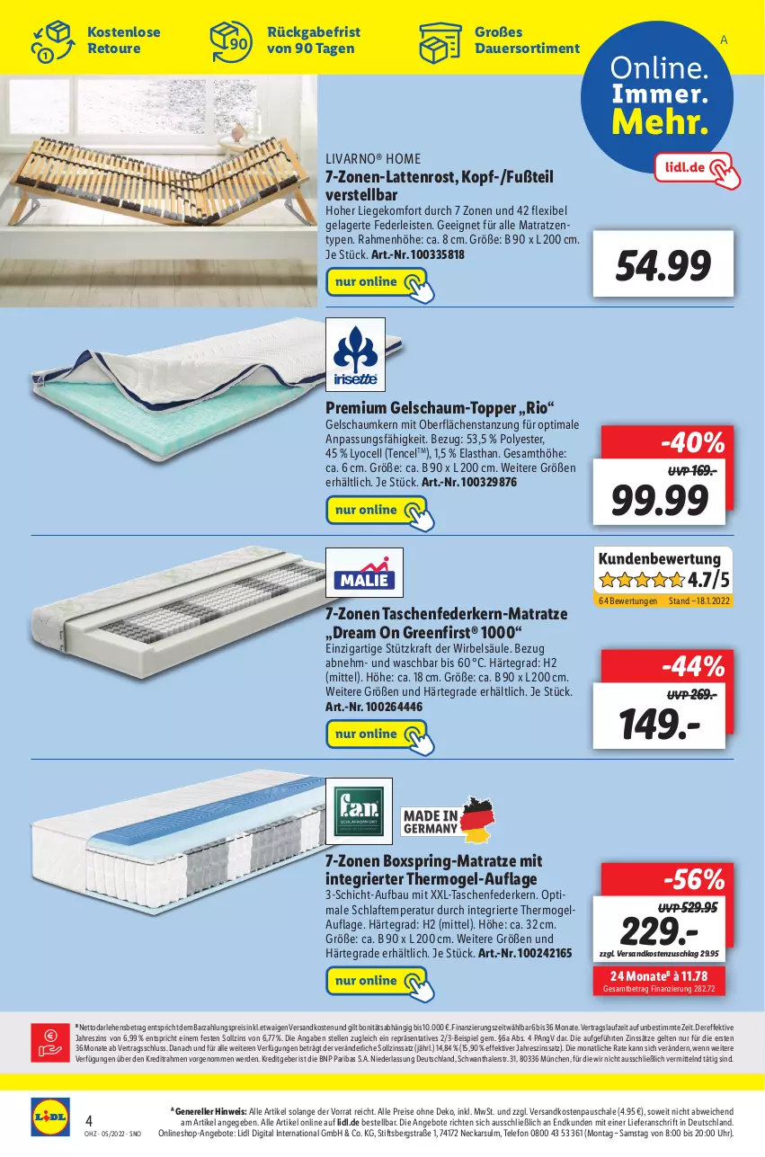 Aktueller Prospekt Lidl - Aktuelle Onlineshop-Highlights - von 22.01 bis 05.02.2022 - strona 4 - produkty: angebot, angebote, auer, Bau, eis, elle, erde, federkern, kraft, latte, lattenrost, Liege, matratze, matratzen, ndk, reis, rel, ring, Schal, Schale, Tasche, taschen, taschenfederkern-matratze, telefon, Ti, topper, uhr, Yo