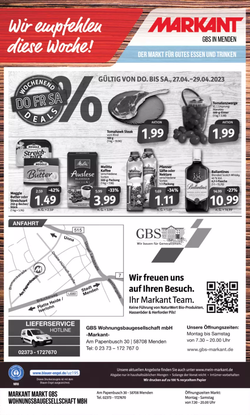 Aktueller Prospekt Markant - Prospekte - von 24.04 bis 29.04.2023 - strona 16 - produkty: angebot, angebote, aust, ball, Bau, Bebe, bio, blended scotch, blended scotch whisky, brot, elle, ente, flasche, hasseröder, lieferservice, natur, pils, rind, rwe, scotch, scotch whisky, steak, tee, Ti, uhr, whisky