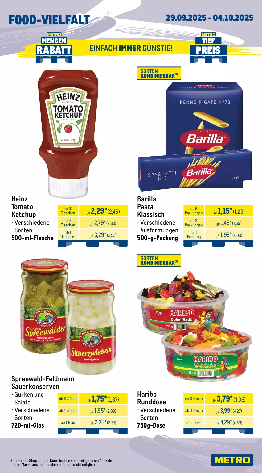 Aktueller Prospekt Metro - Wochen-Angebote - von 29.09 bis 04.10.2025 - strona 11 - produkty: angebot, apfel, Apfelstrudel, auer, barilla, Berger, eis, flasche, fleisch, frischkäse, geback, gin, Gläser, gurke, gurken, haribo, heinz, Kalbfleisch, kappa, Käse, ketchup, Konserven, mit kalbfleisch, nürnberger, paprika, pasta, reis, salat, salate, Schal, Schale, schnitten, spreewald-feldmann, Strudel, Ti, tiefpreis, tomato ketchup
