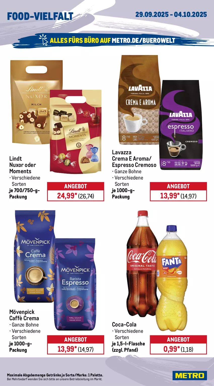 Aktueller Prospekt Metro - Wochen-Angebote - von 29.09 bis 04.10.2025 - strona 13 - produkty: angebot, bohne, caffè crema, coca-cola, cola, decke, eis, espresso, flasche, getränk, getränke, lavazza, lindt, Metro, mövenpick, Palette, riegel