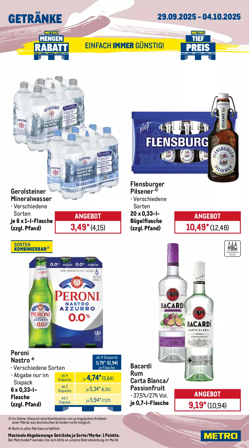Aktueller Prospekt Metro - Wochen-Angebote - von 29.09 bis 04.10.2025 - strona 14 - produkty: Alwa, amaro, angebot, aperitivo rosato, bacardi, bacardi rum, bügel, bügelflasche, burger, doppio passo, ecco, eis, flasche, flensburger, frucht, fruchtsecco, gerolsteine, gerolsteiner, getränk, getränke, Holz, mineralwasser, Palette, passo, Peroni, pils, pilsener, primitivo, rama, ramazzott, ramazzotti, reis, rosato, rotkäppchen, rum, sac, sekt, steiner, Ti, trauben, wasser, zott